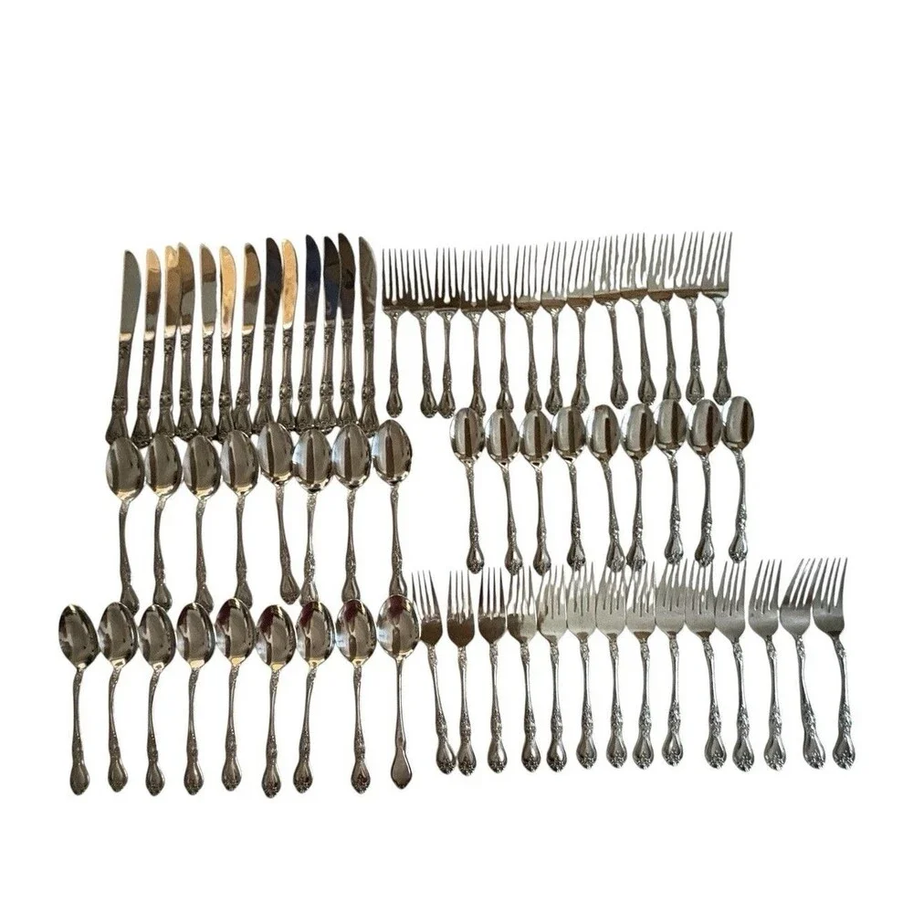 66 Piece Rogers Rose Pattern Stainless Flatware Silverware Korea Service 9-12